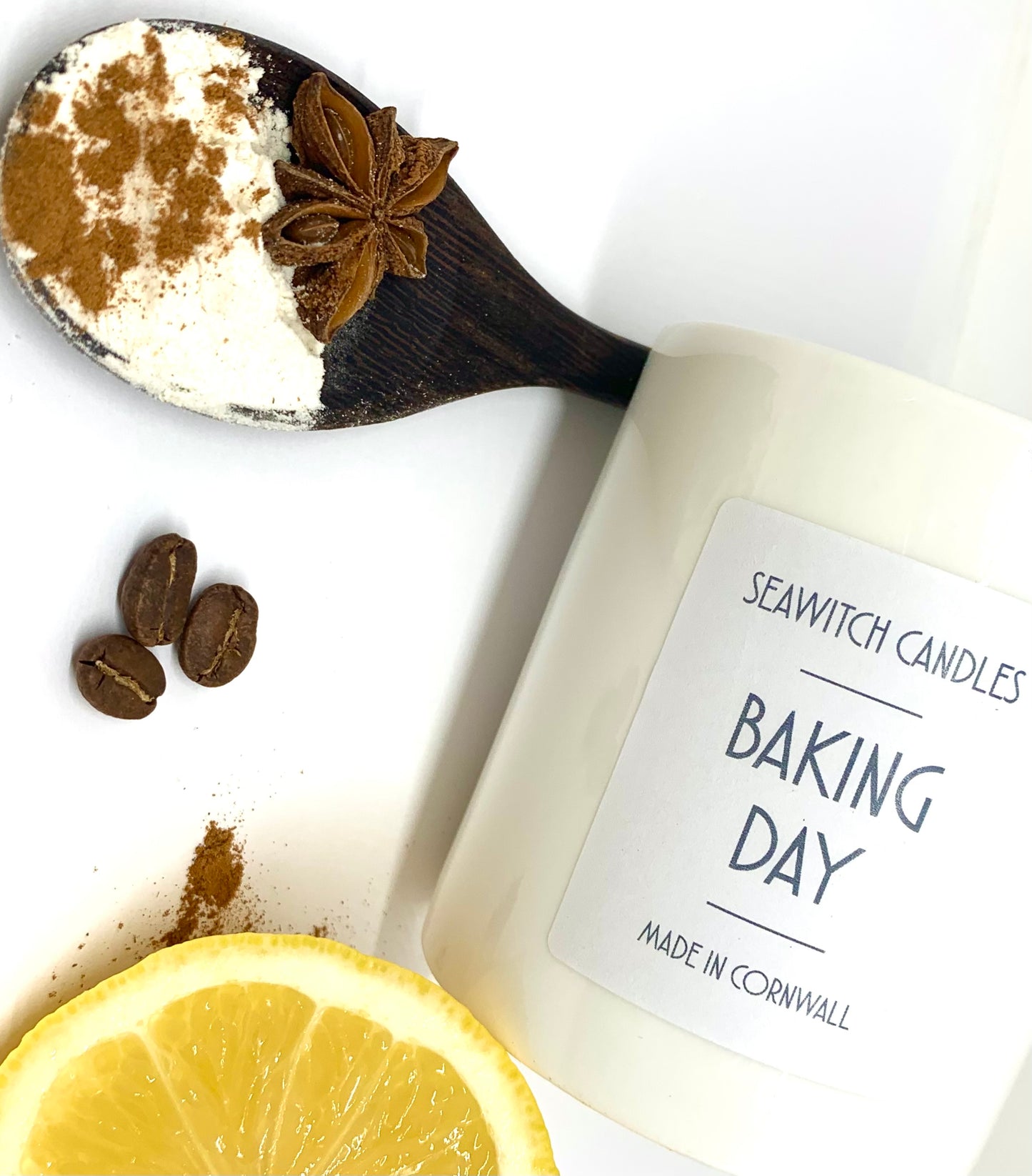 Baking Day- Hand Made Scented Soy Wax Candle £22 Warm vanilla, gingerbread and caramel aromas with a pinch of sweet spices Burn time of at least 50 hours Ingredients: natural vegan plant wax, fragrance oils, cotton wick This candle is hand poured into a white china pot and is made in Mousehole, Cornwall by Seawitch Candle "comforting, delicious, stunning, gorgeous, long lasting, quality, looks beautiful .... will be buying another for sure !" Sam and Carl 