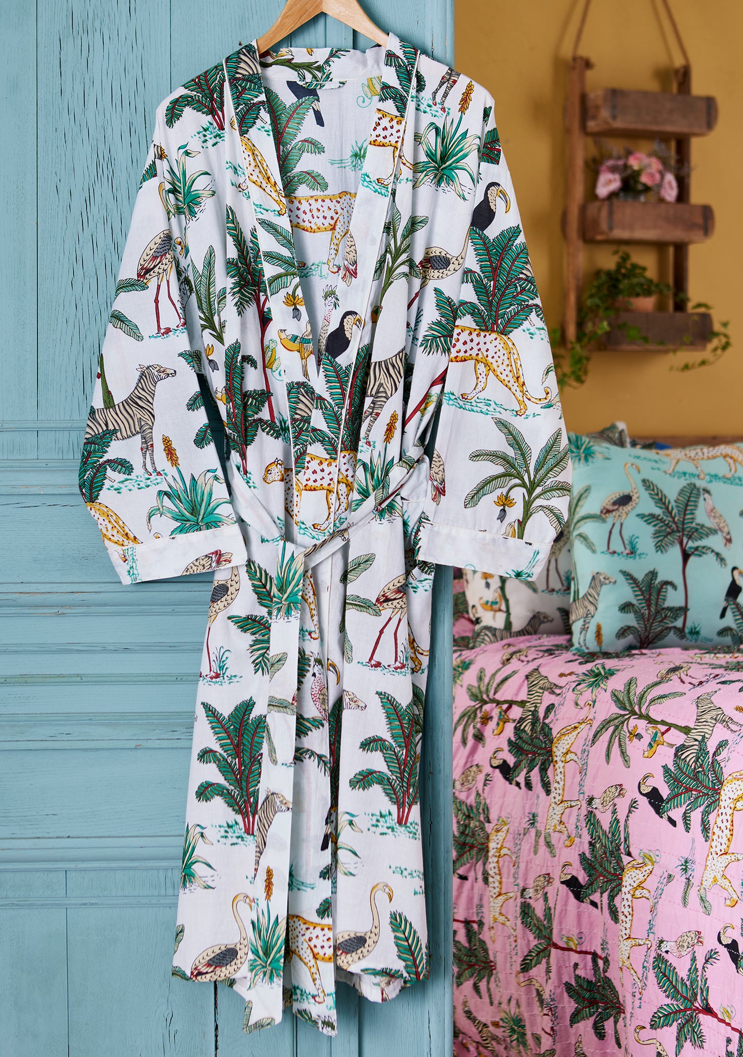 Hand Printed Kimono - Jungle Print - White
