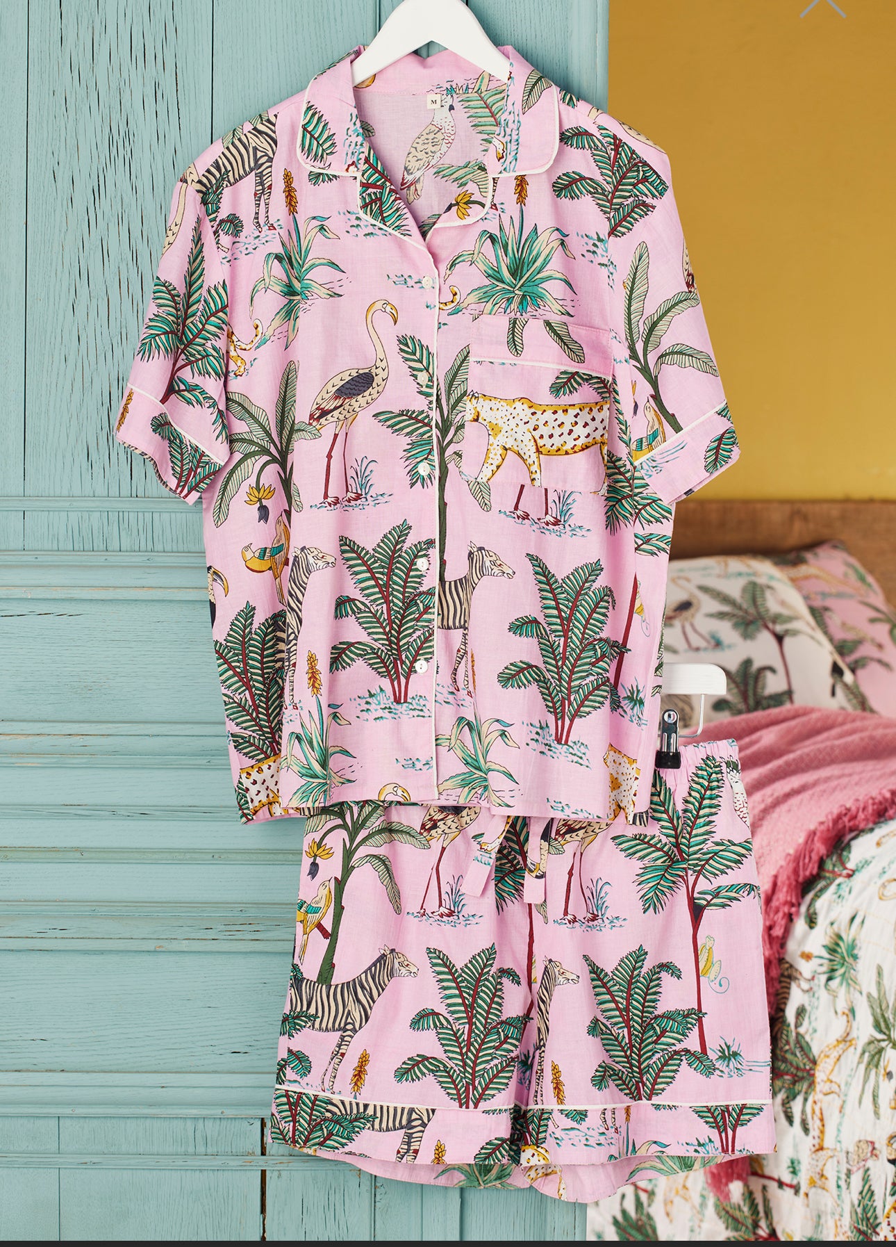 Hand Printed Shortie Cotton Pyjamas - Pink Jungle