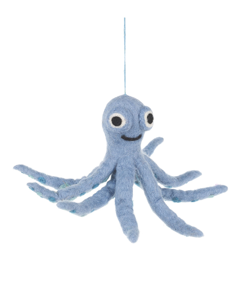 Handmade Felted Octopus Hanging Decoration £16 Olly the Octopus is one of many super cute fair trade felted decorations you can find in our store. Dimensions: 20cm x 11cm Material: 100% wool Eco friendly & Bio degradable. Suitable from: 3 years This is a fair trade product from Nepal