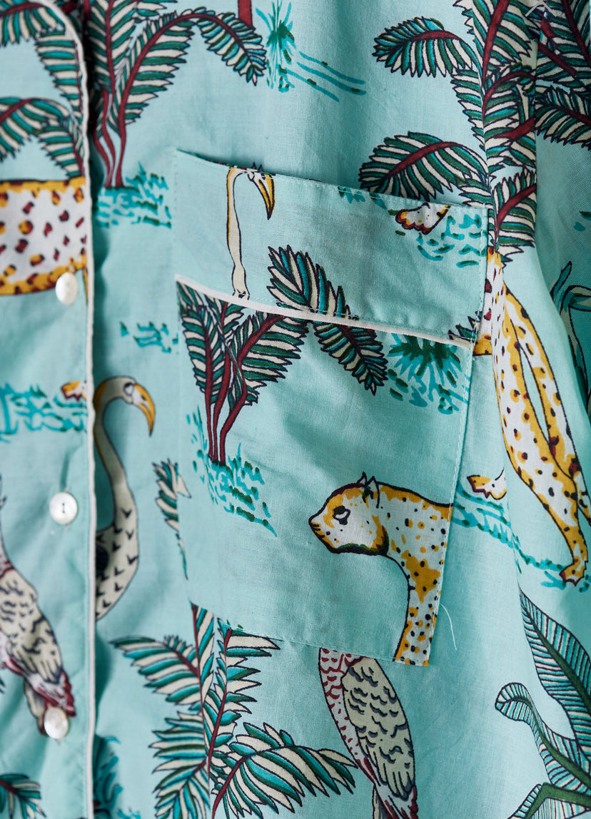 Jungle Pyjamas in Jade Hand Printed cotton fabric Hand printed with a tropical wonderland of plant life, exotic birds and big cats. £56