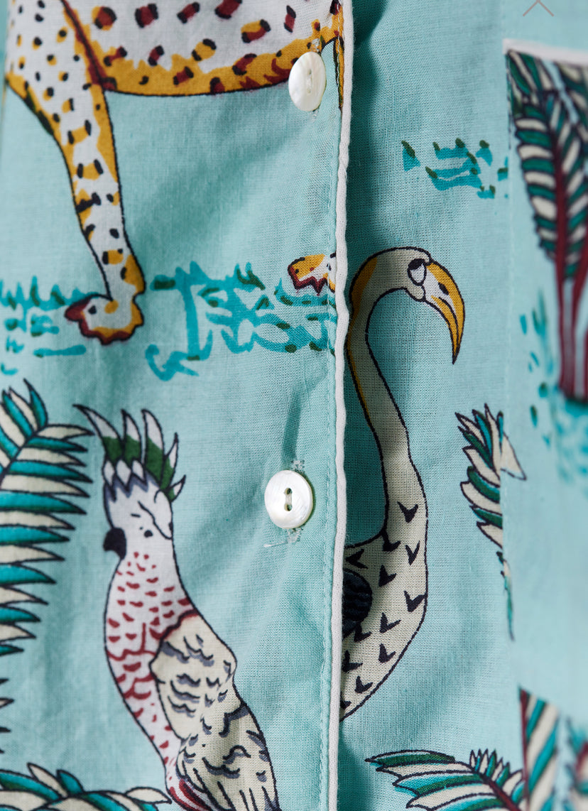 Jungle Pyjamas in Jade Hand Printed cotton fabric Hand printed with a tropical wonderland of plant life, exotic birds and big cats. £56