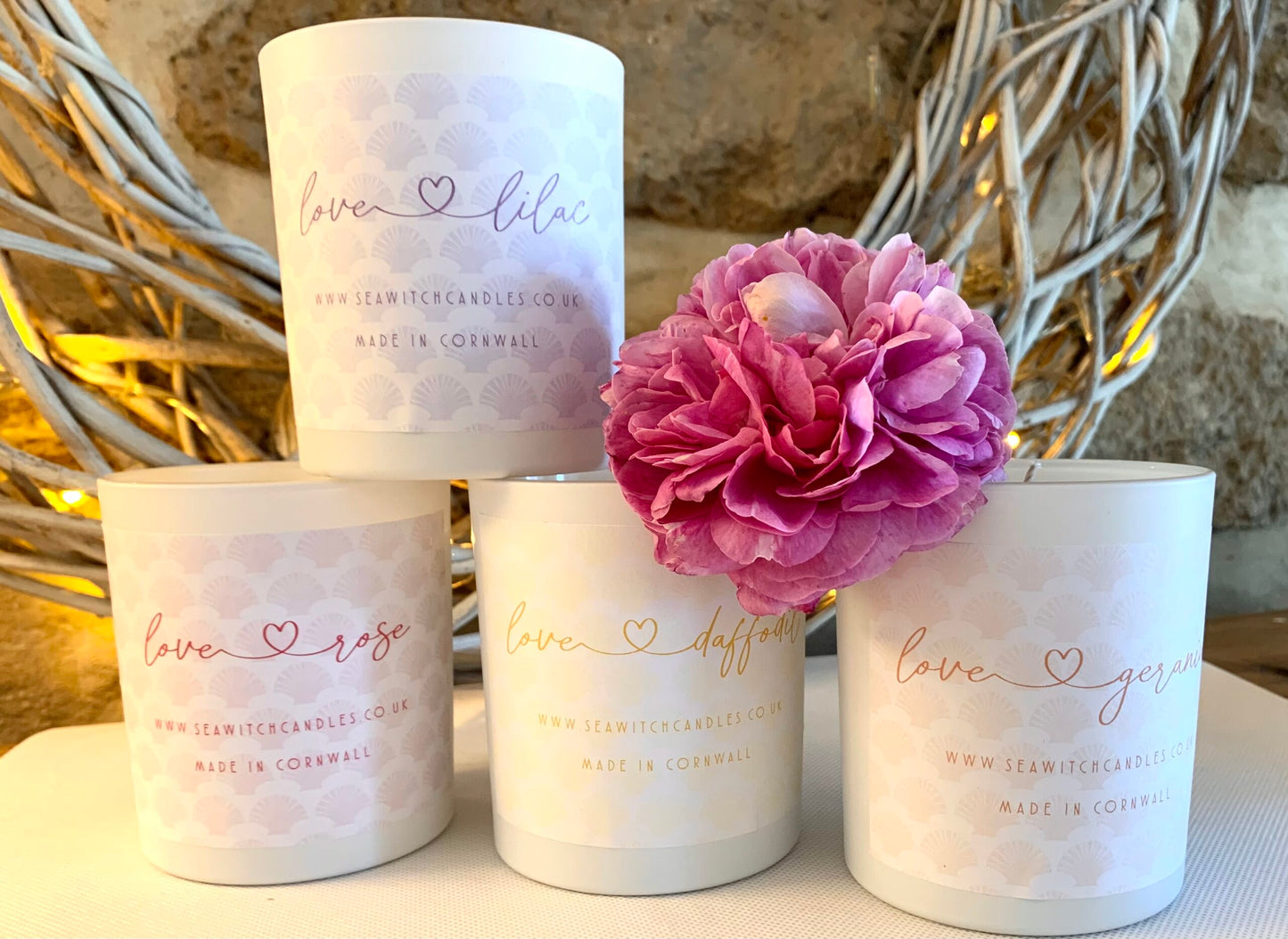 Beautiful floral scented soy wax candles handmade in Mousehole, Cornwall. Seawitch Candles, Geranium , Lilac, Rose, Daffodil, Bluebell. Shop independent. Shop Handmade.