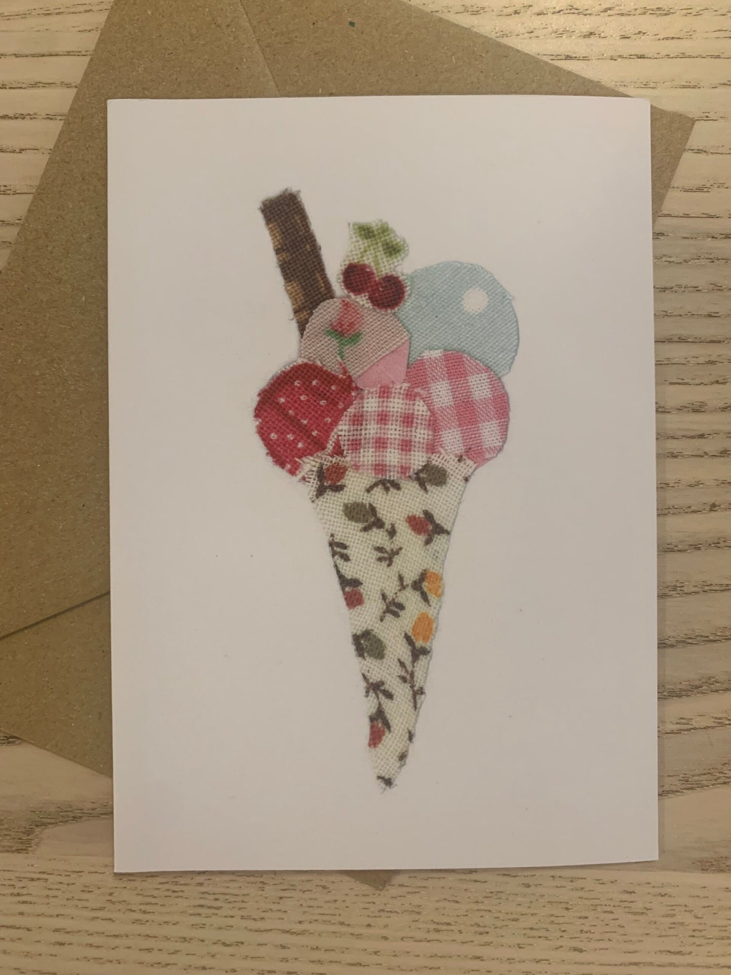Ice Cream Card from an original fabric collage by Danielle Mason-Pike £2.50 Greetings Card with Brown Kraft Envelope Blank inside for your own message Exclusive to Seawitch Stores Designed & Printed in Cornwall