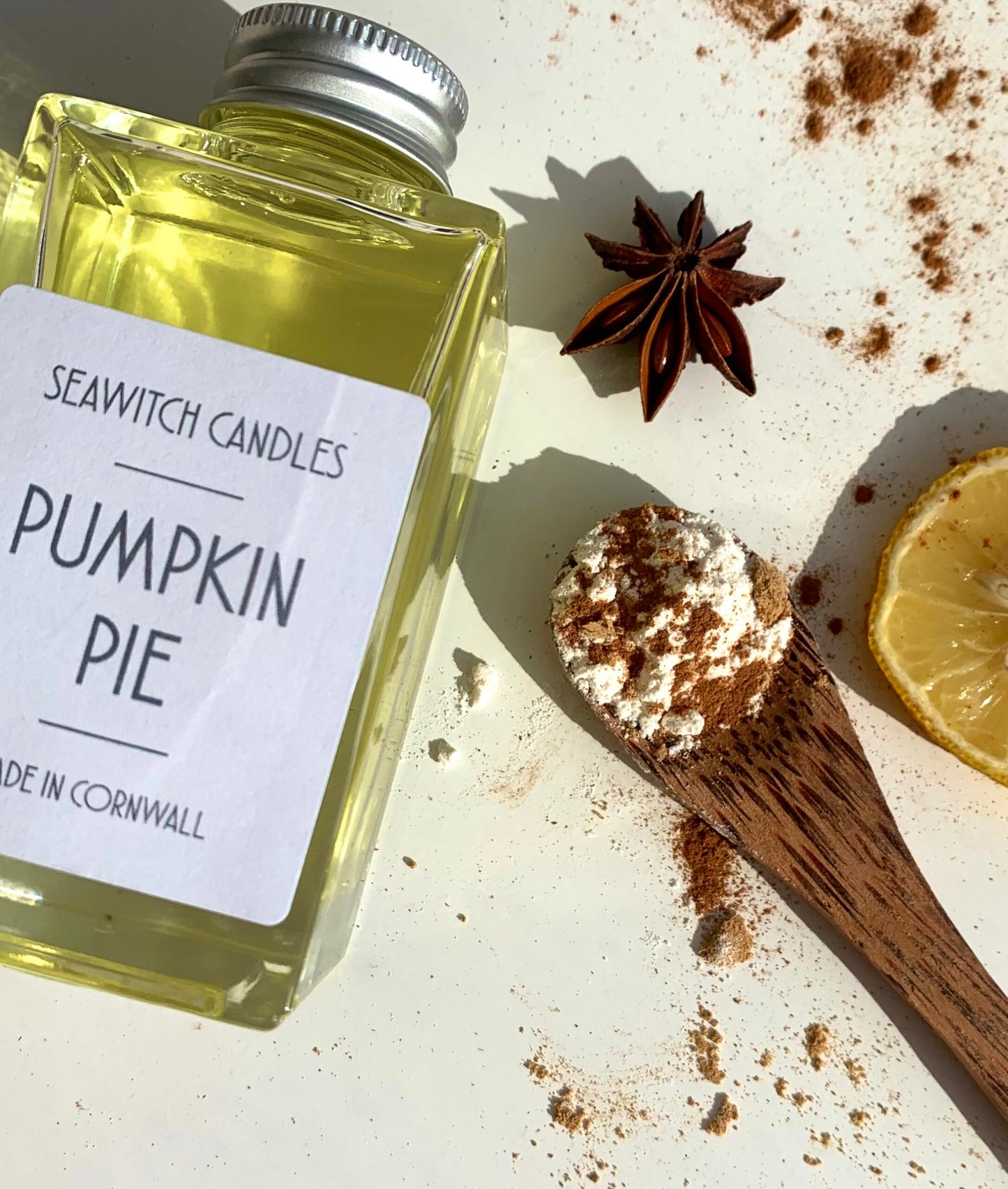 Pumpkin Pie Scented Reed Diffuser  £22  Caramelised  citrus blended with nutmeg, ginger and clove, wrapped in a blanket of vanilla   This 100 ml diffuser releases a constant aroma to scent your room beautifully for at least 12 months  Handmade in Mousehole, Cornwall by Seawitch Candles   Ingredients: Base oil & fragrance oils – comes with 6 natural reeds . Halloween, Pumpkins, Samhain