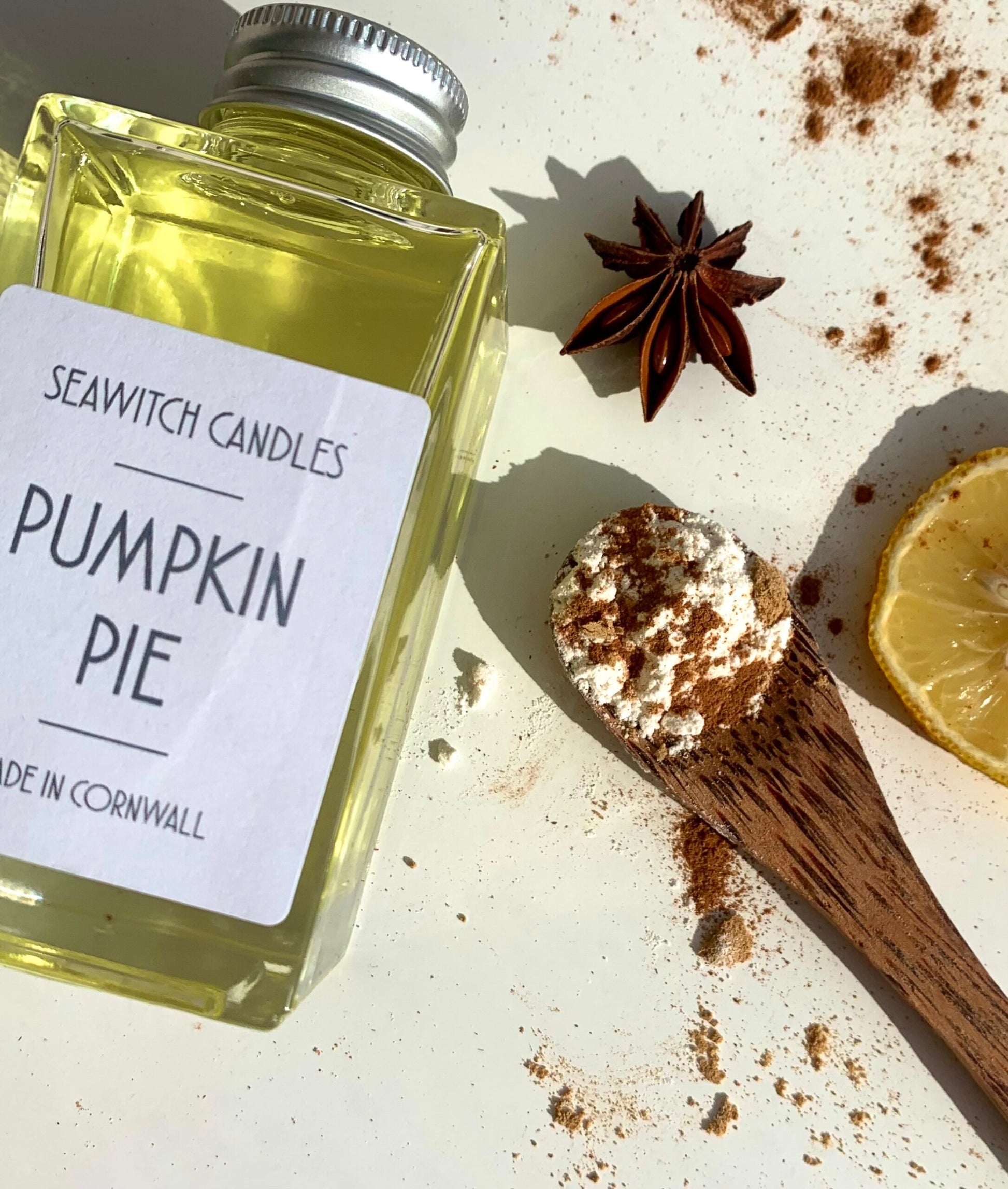 Pumpkin Pie Scented Reed Diffuser  £22  Caramelised  citrus blended with nutmeg, ginger and clove, wrapped in a blanket of vanilla   This 100 ml diffuser releases a constant aroma to scent your room beautifully for at least 12 months  Handmade in Mousehole, Cornwall by Seawitch Candles   Ingredients: Base oil & fragrance oils – comes with 6 natural reeds . Halloween, Pumpkins, Samhain