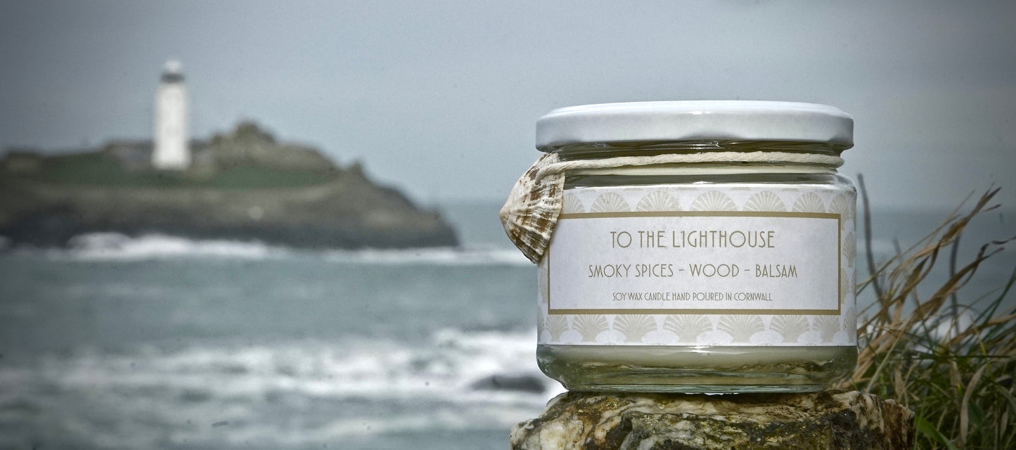 To The Lighthouse Candle  £20  Smoky Spices – Wood – Balsam   Sensual aroma of sun baked wood and smoky spices over masculine balsam notes. Daphne du Maurier. Godfrey Lighthouse. Shop small. Shop independent. Cornish made. Coastal Life, Coastal Style. Coastal Living. Coastal path