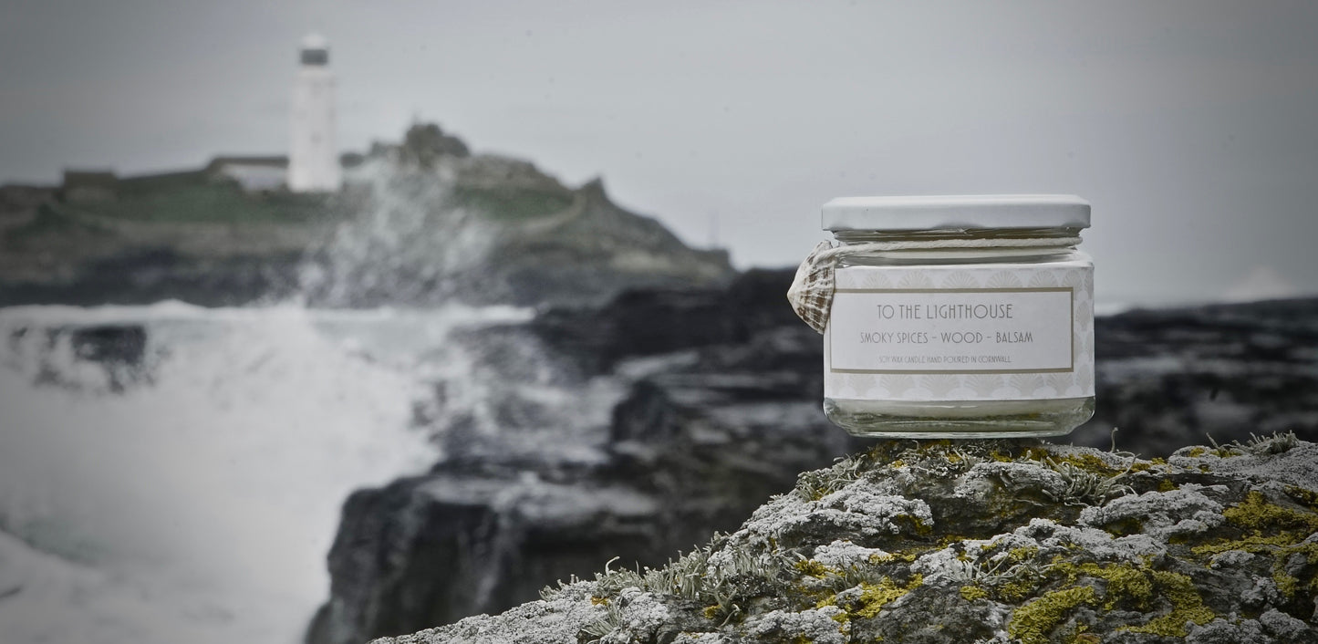 To The Lighthouse Candle  £20  Smoky Spices – Wood – Balsam   Sensual aroma of sun baked wood and smoky spices over masculine balsam notes. Shop candles. Best selling candles. Vegan friendly. Cruelty free. Daphne du Maurier, Godfrey Lighthouse.  Shop Cornwall/ Coastal Living. Coastal Style