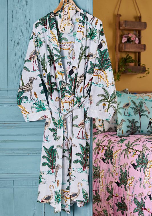 Hand Printed Kimono - Jungle Print - White