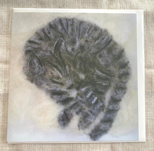 'Silver'&nbsp;  £3.50  Card from an original felting of a beautiful&nbsp;silver tabby cat called Silver by Cornish artist Rowena Scotney  Square Greeting Card - 148.0mm x 148.0mm Shop small, shop independent, local artist, Seawitch Stores, Mousehole, Cornwall. silver tabby, grey cat cat card, cat lover. felting 