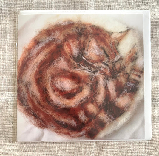 Card from an original felting by Cornish artist, Rowena Scotne  This is a card of an original felting of a very special and beautiful cat ‘Ginger’&nbsp;  The original was created firstly with wet-felted base layers and then further layers of needle-felting and fibres were added for depth and texture.