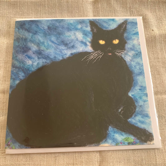 &nbsp;'Ozzy' - square card  £3.50  Card from an original&nbsp;felting commission of a much-loved beautiful black cat named Ozzy&nbsp;  Artist : Rowena Scotney (Cornwall) Shop local, Shop independent, Mousehole. Seawitcj Stores. Local artist. Cat lover. Feltings