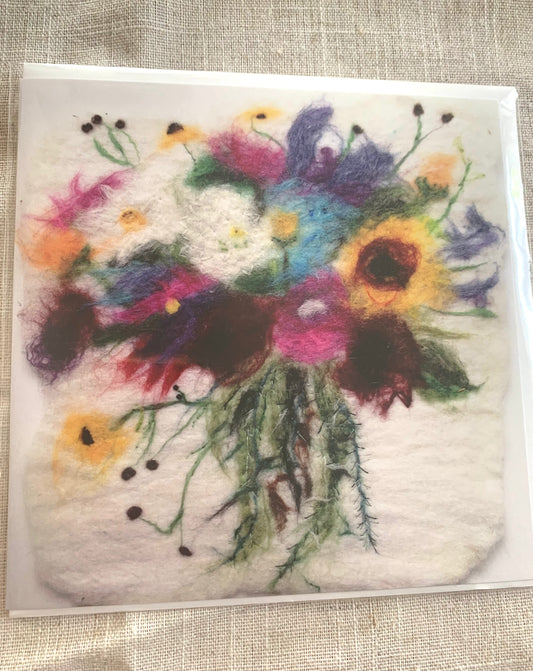 Card from an original felting by Cornish based artist, Rowena &nbsp;Scotney  A felting of a beautiful bouquet of wildflowers, with added beading and stitching.  'Sometimes I only need to stand where I am to be blessed'&nbsp; by poet Mary Oliver - written on the back of the card  Square Greeting Card - 148.0mm x 148.0mm Shop small. Shop Independent. Shop Cornwall. Mousehole.