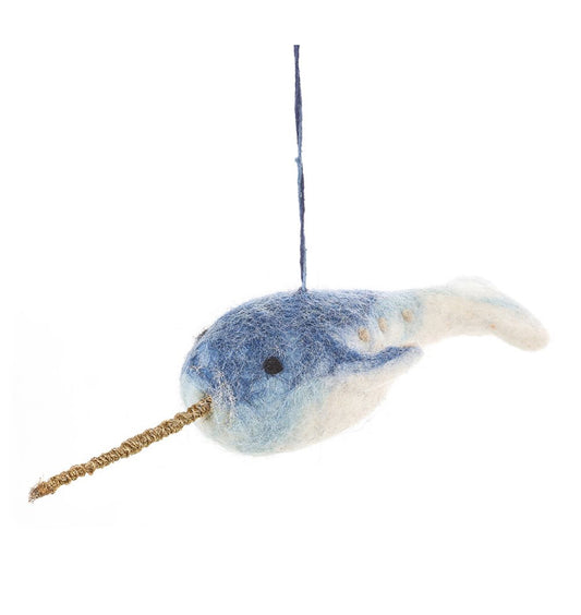hand Handmade Felted Narwhal Hanging Decoration  £14  Super cute Nelly Narwhal is one of many fair trade felt decorations you can find in our lovely store.  Dimensions: 7cm x5cm x 20cm&nbsp; Material: 100% wool  Eco friendly and &nbsp;Bio degradable. Suitable from: 3 years  This is a fair trade product from Nepal narwhal, fairly traded eco friendly