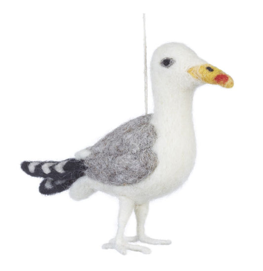 Handmade Felted Seagull Hanging Decoration  £16  Just one of many super cute feltings we have in store.  Dimensions: 15cm x 11cm&nbsp; Material: 100% wool  Eco friendly &amp; Bio degradable. Suitable from: 3 years  This is a fair trade product from NepalShop fair trade, shop small, shop independent, Seawitch Stores, Mousehole, Cornwall, 