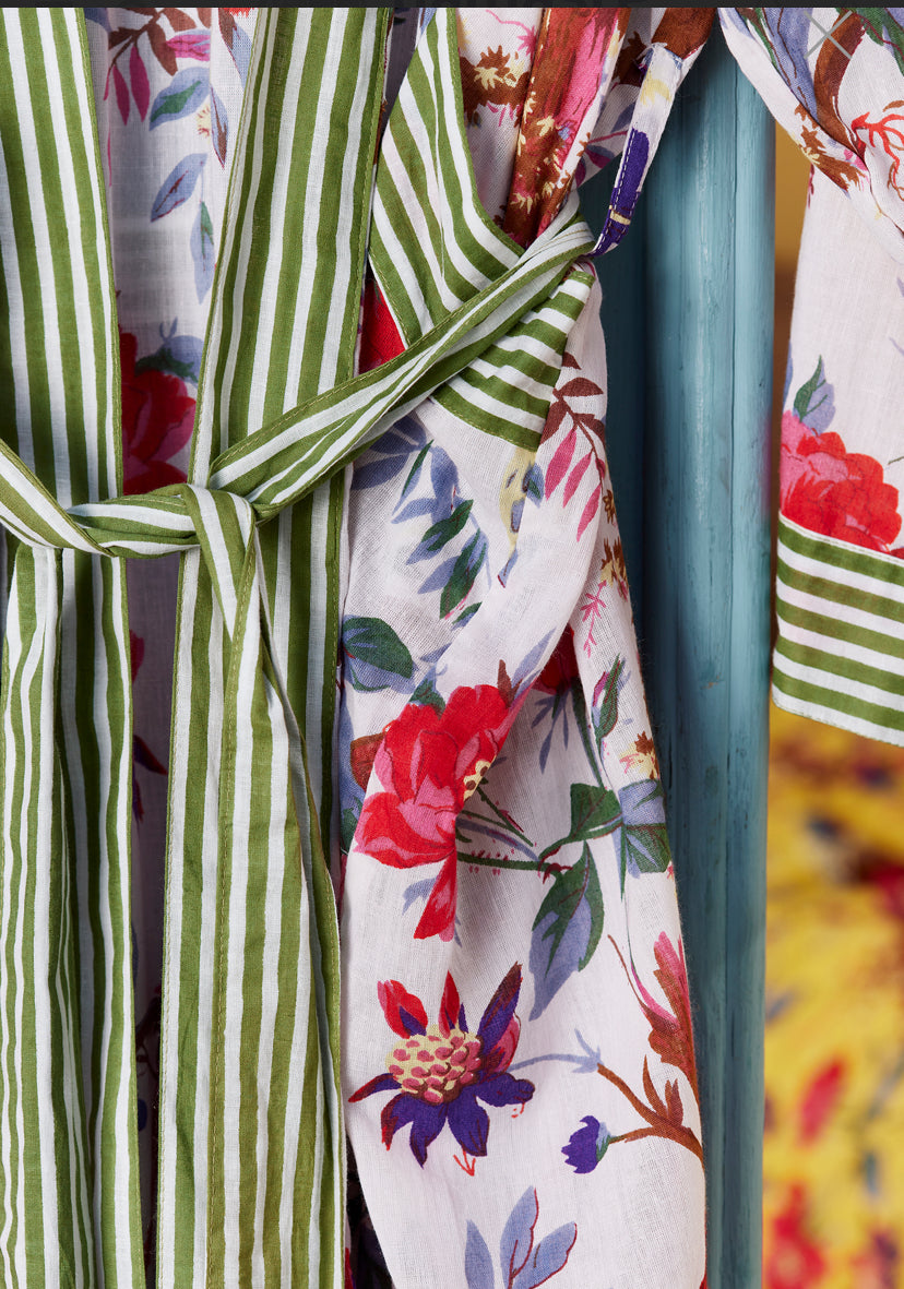 Hand Printed Dressing Gown  White Bird of Paradise  £46  Wrap around style with belt, two pockets and roomy sleeves.  100% cotton.  Hand crafted and Fairly traded in India