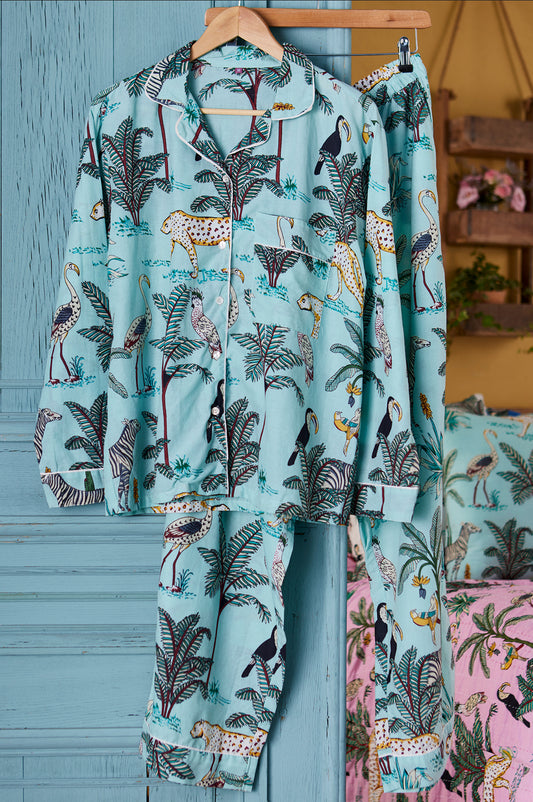 Jungle Pyjamas in Jade  Hand Printed cotton fabric Hand printed with a tropical wonderland of plant life, exotic birds and big cats.  £56