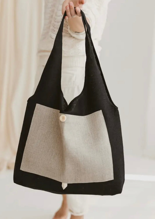 Foldable Linen Bag- Black/Natural