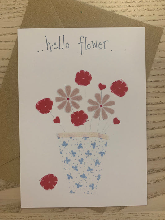 &nbsp;Hello&nbsp;Flower Card from an original fabric collage by Danielle Mason-Pike  £2.50  Greetings Card with Brown Kraft Envelope Blank inside for your own message  Exclusive to Seawitch Stores  Designed &amp; Printed in Cornwall