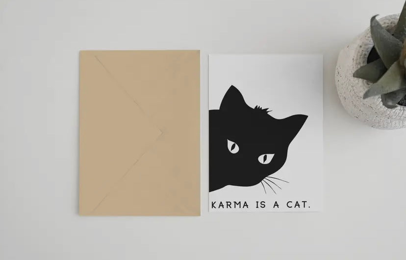 Karma is a Cat £3.50  Taylor Swift Inspired Greeting Card (5 x 7)  Recycled brown Kraft envelope.  FSC certified recycled ivory speck paper  Designed and &nbsp;Printed in England