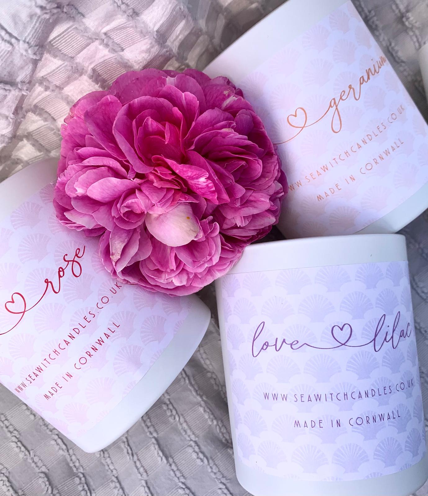 Love Rose Candle  £22  Beautiful Rose Scented Candle  Burn time of at least 50 hours   Ingredients: natural vegan plant wax, fragrance oils, cotton wick   This candle is hand poured into a white china pot and is made in Mousehole, Cornwall by Seawitch Candles