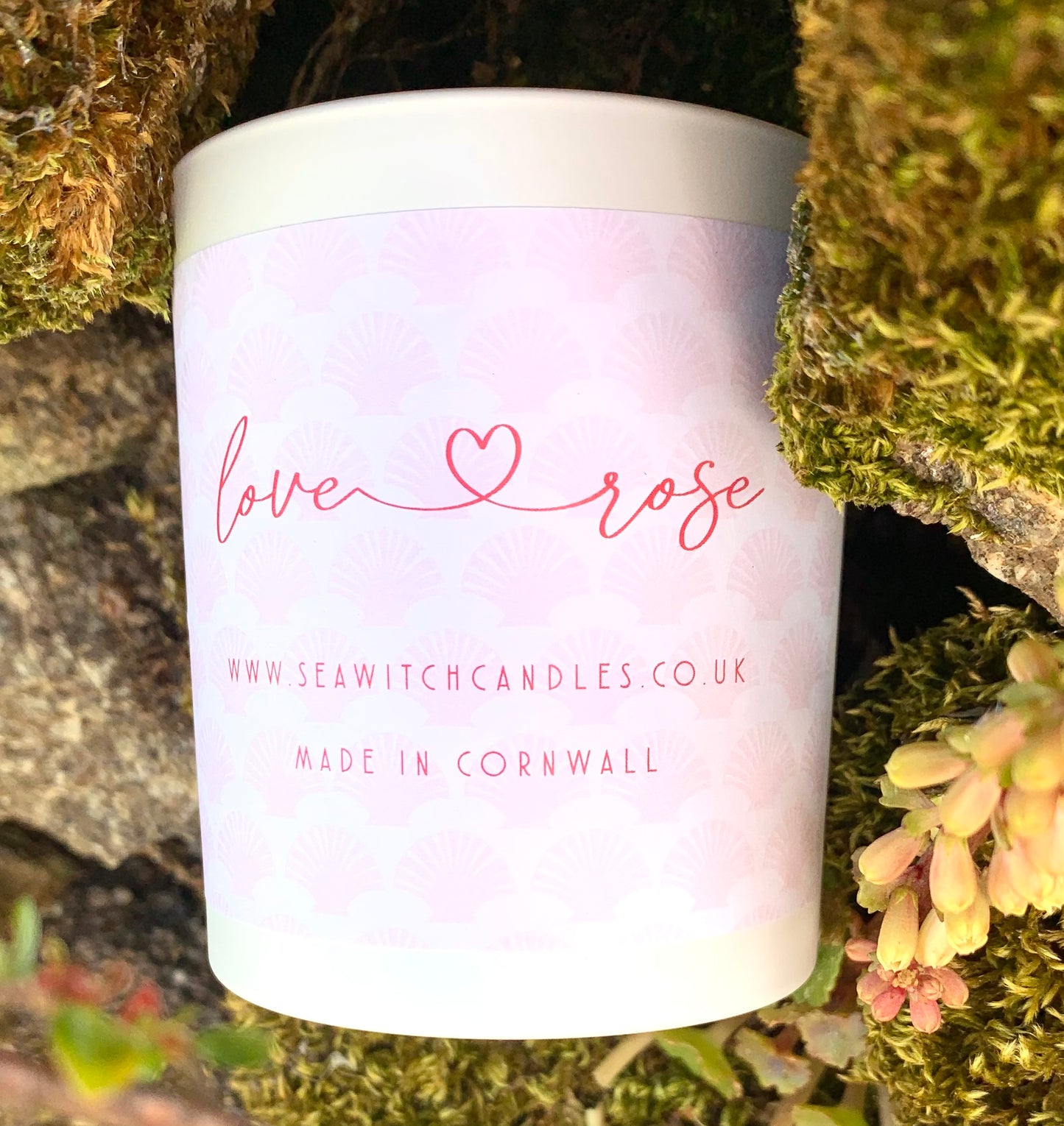 Love Rose Candle  £22  Beautiful Rose Scented Candle  Burn time of at least 50 hours   Ingredients: natural vegan plant wax, fragrance oils, cotton wick   This candle is hand poured into a white china pot and is made in Mousehole, Cornwall by Seawitch Candles Love Candles, Love Rose , Shop small, Shop handmade
