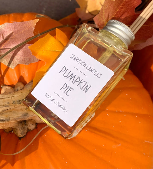 Pumpkin Pie Scented Reed Diffuser  £22  Caramelised&nbsp; citrus blended with nutmeg, ginger and clove, wrapped in a blanket of vanilla  &nbsp;This 100 ml diffuser releases a constant aroma to scent your room beautifully for at least 12 months  Handmade in Mousehole, Cornwall by Seawitch Candles&nbsp;  Ingredients: Base oil &amp; fragrance oils – comes with 6 natural reeds  . Halloween, Samhain. Pumpkins