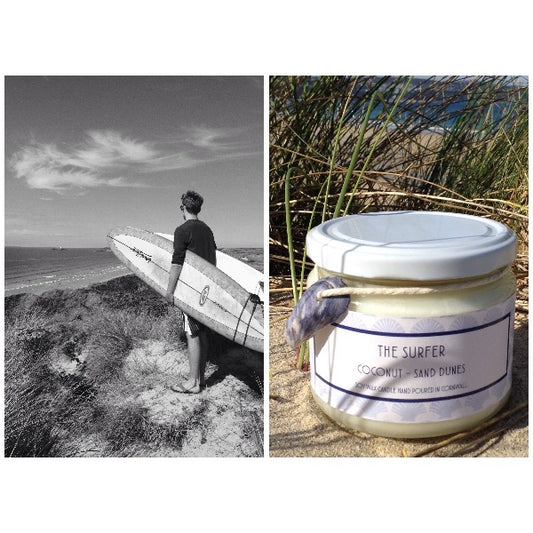 The Surfer Candle  £20  Coconut – Sand Dunes  Tropical coconut, juicy pineapple and refreshing melon  Ingredients: natural plant wax, fragrance oils  Shell may vary to image shown  Double wicked plant wax candle . Burns for approx 40 hours. Made in Cornwall by Seawitch Candles    "I buy this candle and diffuser as we are surf mad and when we can't get to the sea it reminds us of surfing " Collette Grant Shop small. Shop Handmade. Shop independe